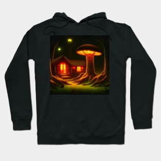 Magical Cottage Mushroom House with Lights in Forest with High Trees, Mushroom Aesthetic Hoodie